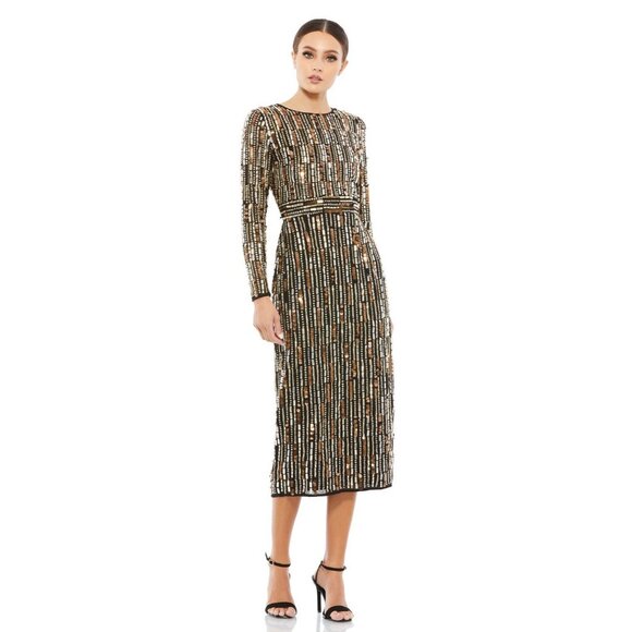 Mac Duggal Size 2 Black Gold 93590 Sequin Beaded Long Sleeve Cocktail Midi Dress - Picture 1 of 11